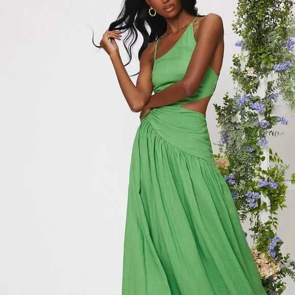 Green Boho Womens Criss Cross Lace Up Backless Cut Out Ruched Ruffle Hem Dress - Picture 5 of 5